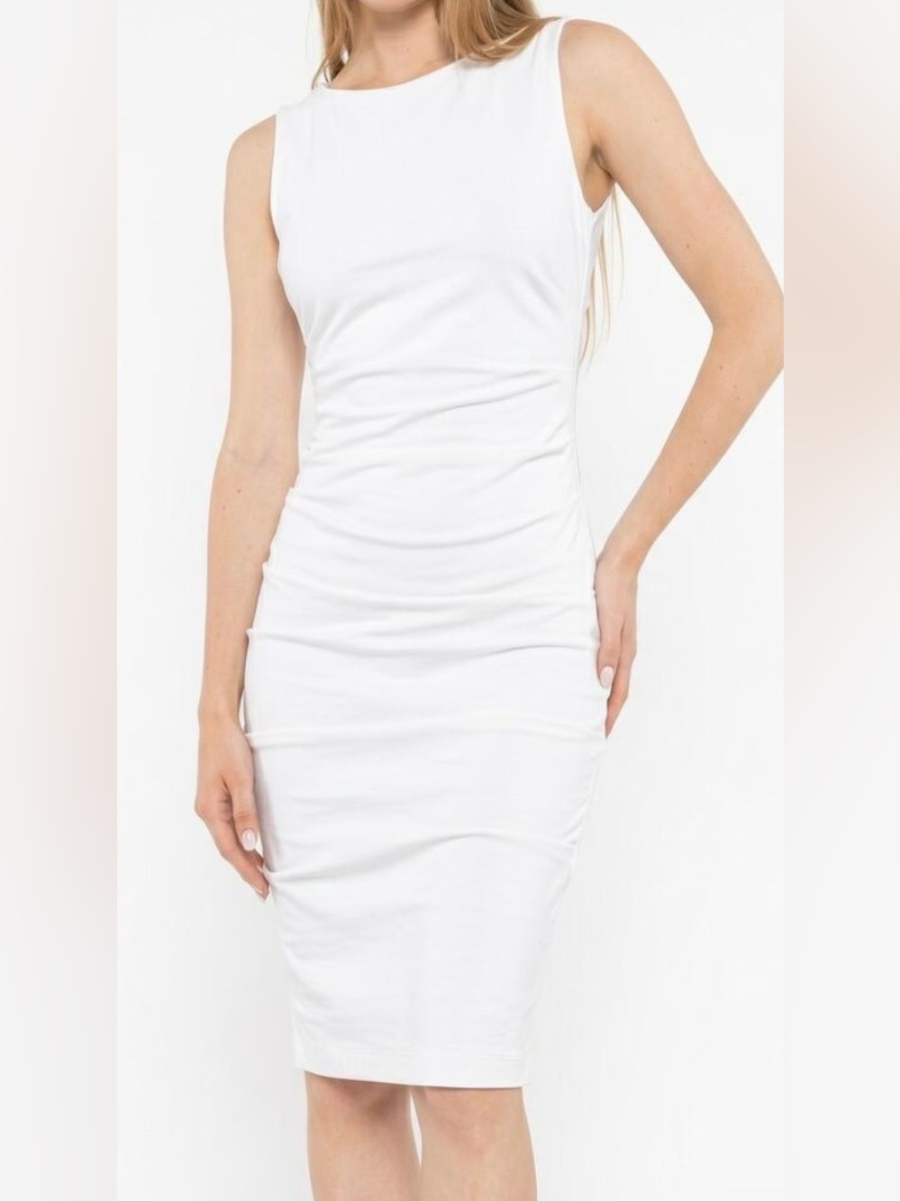 NWT Ripley Rader White Ruche Dress sleeveless midi size Small